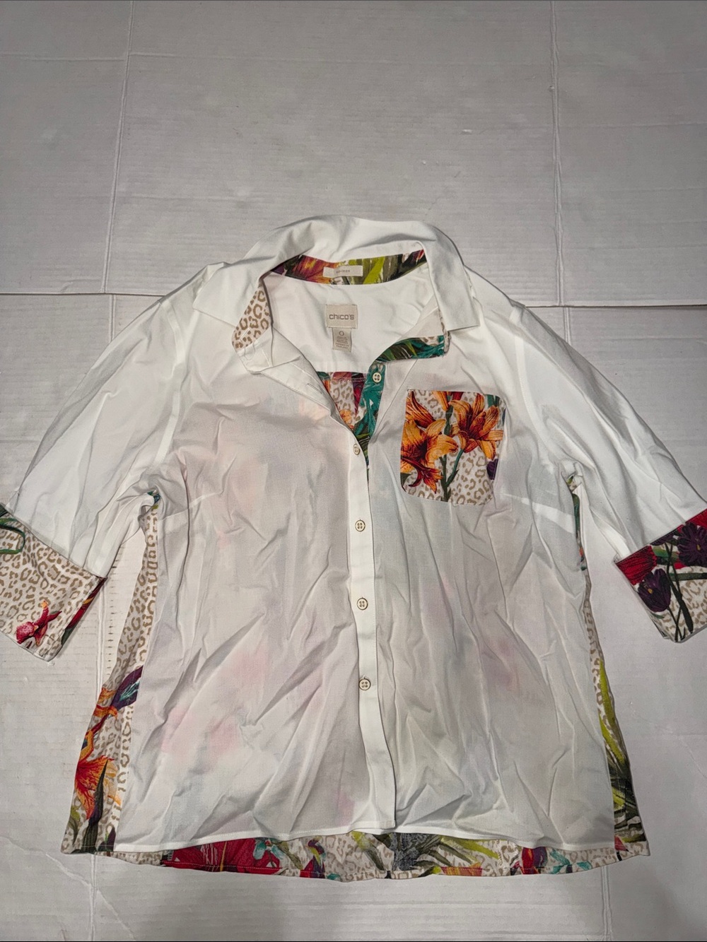Chico's White Button-Down Blouse with Multicolor Floral Trim